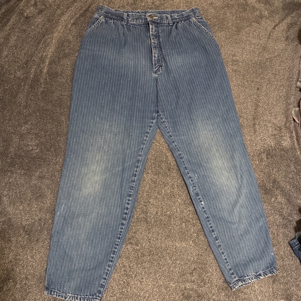 Vintage Lee Pinstripe Jeans Womens 16 Petite High Waist‎ Tapered Made in USA 90s